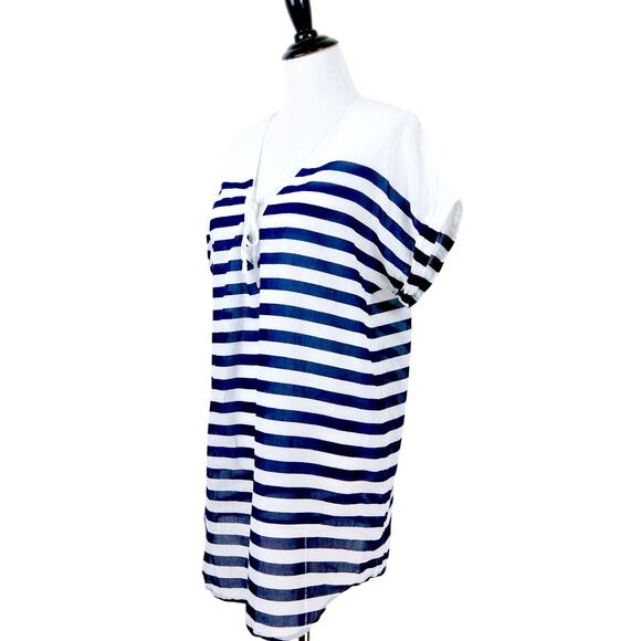 J. Crew Size S Stripe Cotton Tunic Coverup Top Semi Sheer Blue White - Picture 1 of 9